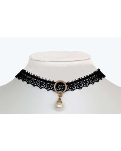 Gold Color Ring with Made Up Pearl and Charm Bell Pendent and Black Lace Choker