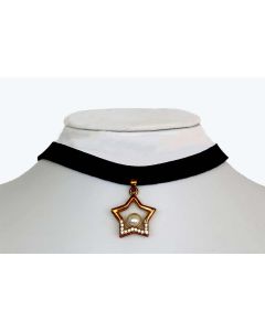 Gold Color Star Pendant with Made Up Pearl and Sparkling White Crystals and Black Fabric Choker