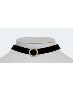 Silver Color and Sparkling Crystals Ring Pendant and Black Fabric Choker