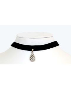 Silver Color and Sparkling White Crystals Droplet Pendant and Black Fabric Choker
