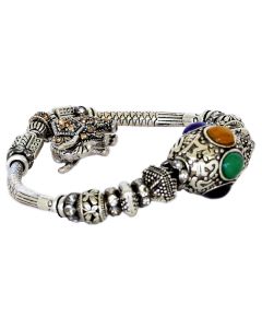 Silver Color Bracelet Baby and Mother Elephant with Sparkling Multi Color Crystals