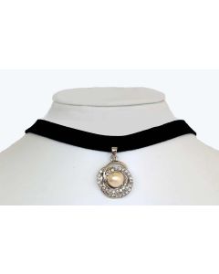 Silver Color Made Up Pearl Pendant with Sparkling White Crystals Pendant and Black Fabric Choker