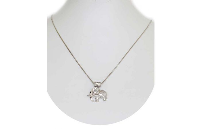 Silver Color Tusker Elephant Pendant with Sparkling White Crystals and Chain